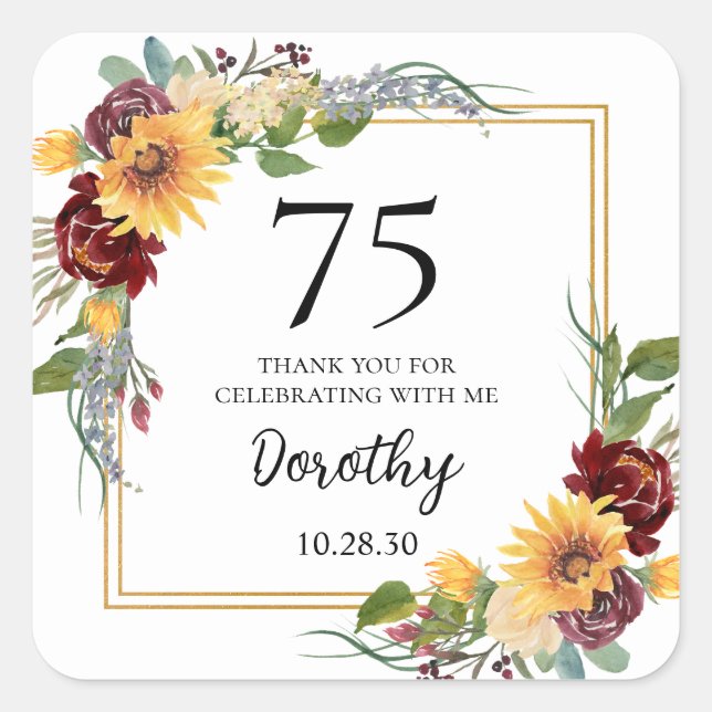 75th Birthday Sunflowers Thank You Square Sticker (Front)