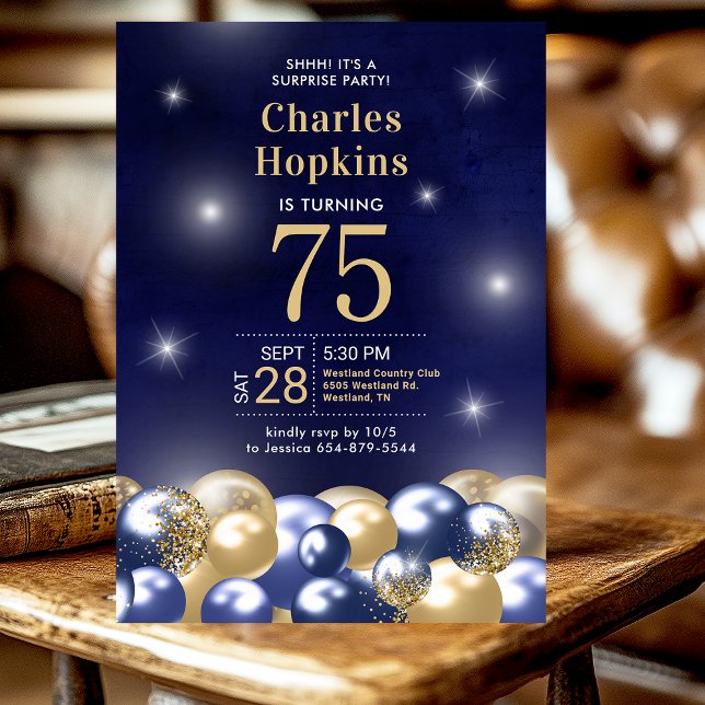 75th Birthday Surprise Navy Blue Gold Balloons Invitation (Creator Uploaded)