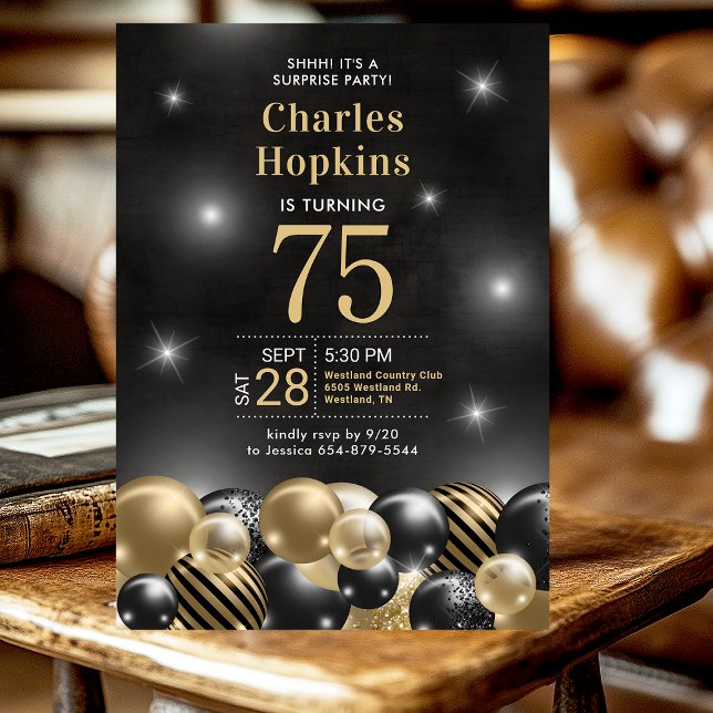 75th Birthday Surprise Party Black Gold Balloons Invitation (Creator Uploaded)