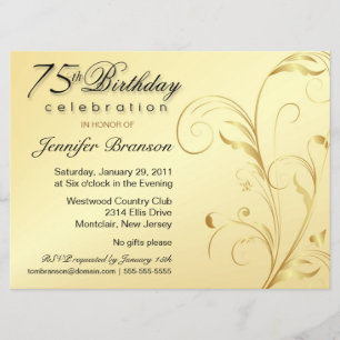 75th Birthday Surprise Party - Gold Floral - Large Invitation