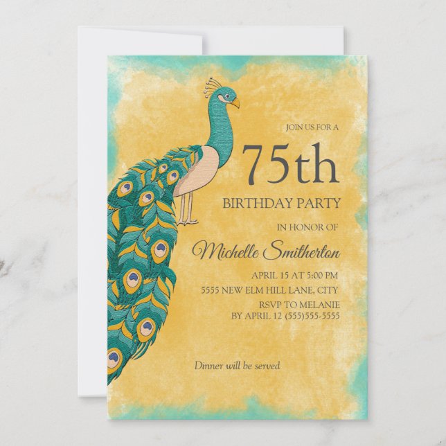 75th Birthday Teal Yellow Watercolor Peacock Invitation (Front)