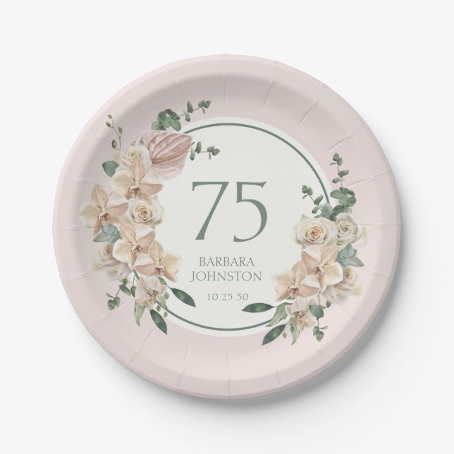 75th Birthday Tropical Floral Paper Plate (Front)