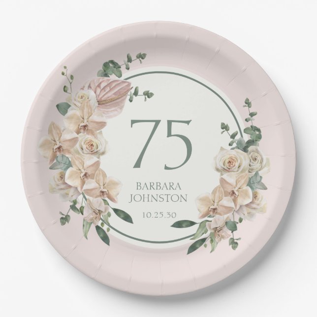75th Birthday Tropical Floral Paper Plate (Front)
