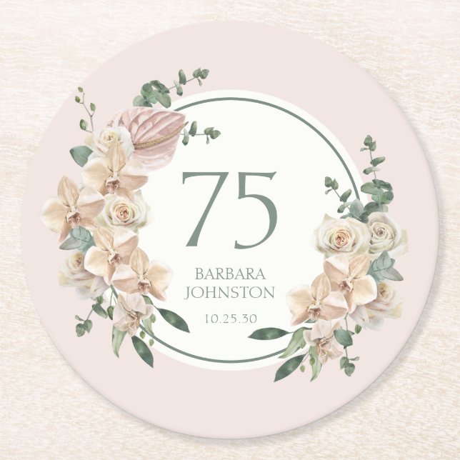 75th Birthday Tropical Floral Round Paper Coaster (Front)