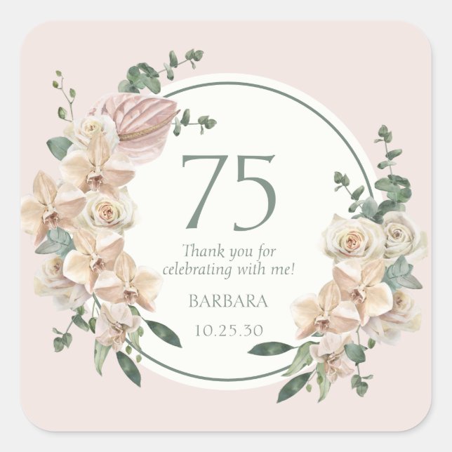 75th Birthday Tropical Floral Thank You Square Sticker (Front)