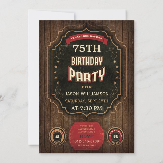 75th Birthday Vintage Chalkboard & Wood Invitation (Front)