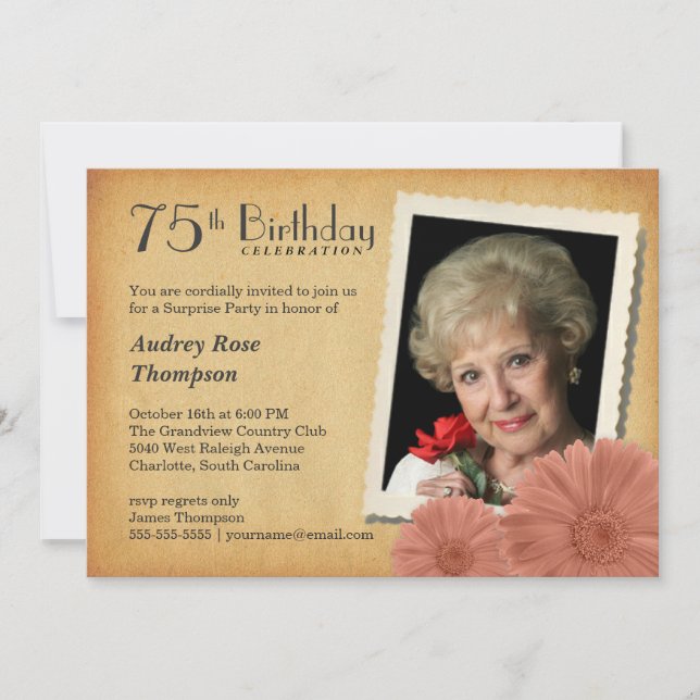 75th Birthday Vintage Daisy Photo Invitations (Front)