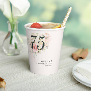 75th Birthday Watercolor Pink Floral Party Paper Cups