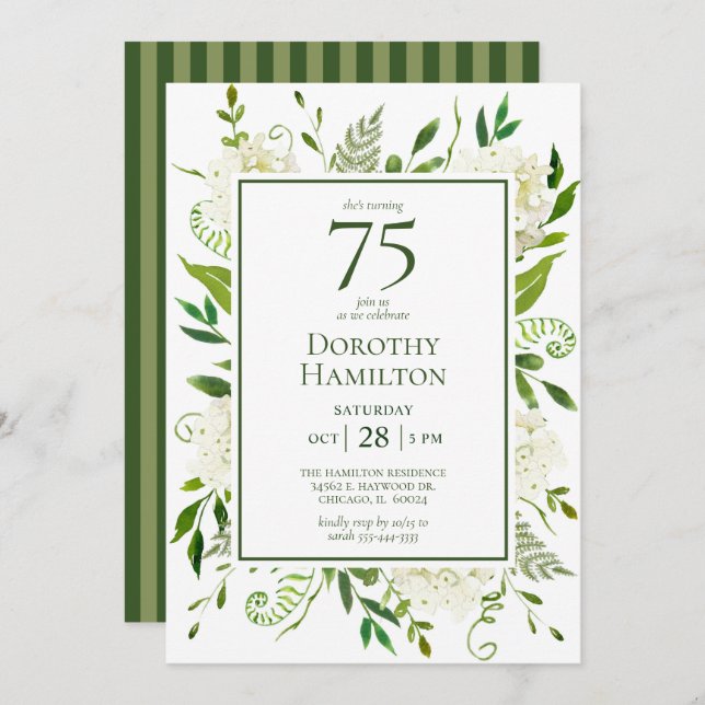 75th Birthday White Hydrangeas  Invitation (Front/Back)
