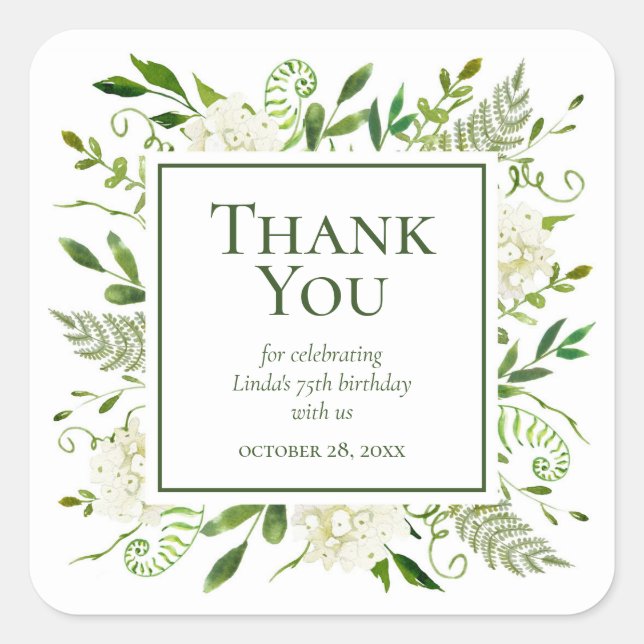 75th Birthday White Hydrangeas Thank You Square Sticker (Front)