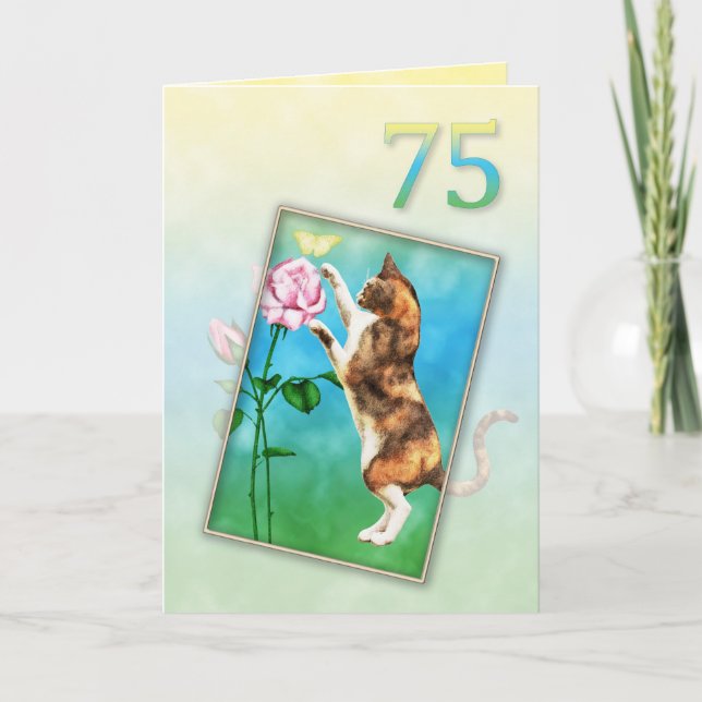 75th Birthday with a playful cat Card (Front)