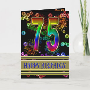 75th Birthday with rainbow bubbles and fireworks Card