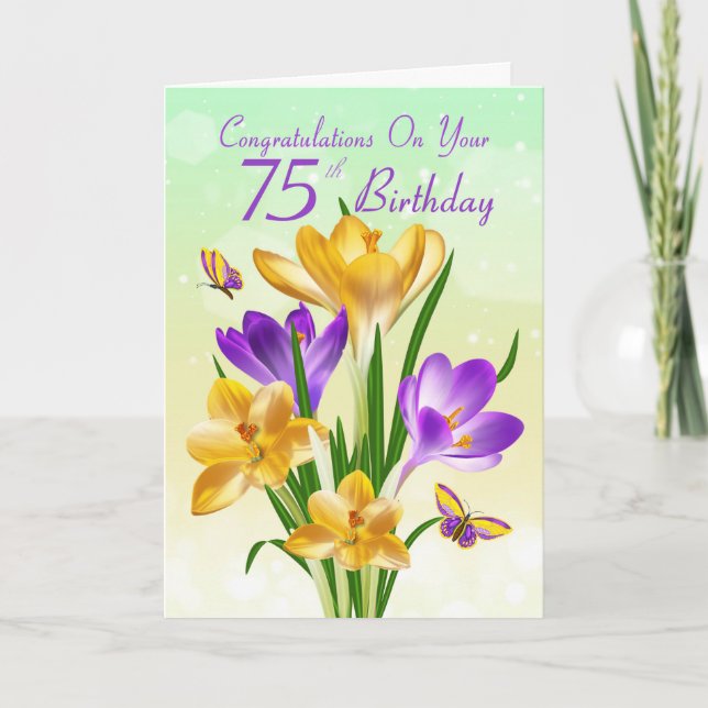 75th Birthday Yellow And Purple Crocus Card (Front)