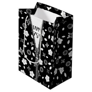 75th Birthday Zipper On Flowers Medium Gift Bag