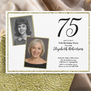 75th Custom Photo White and Gold  Invitation