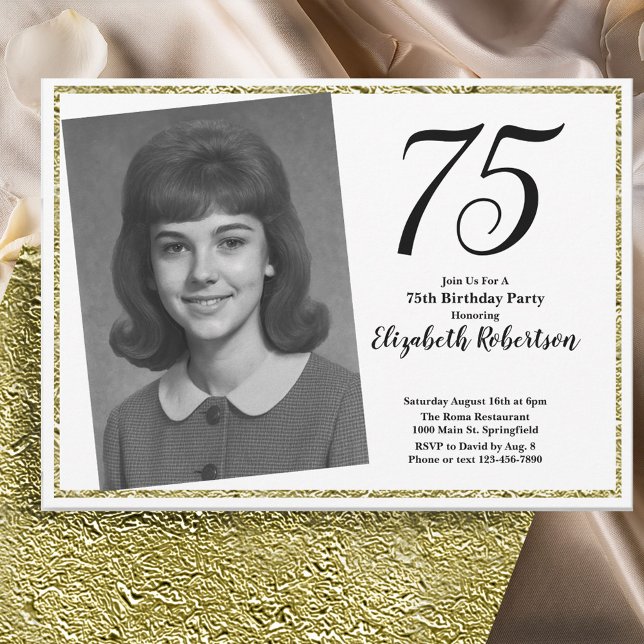 75th Custom Photo White and Gold  Invitation (Creator Uploaded)