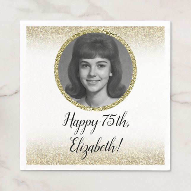 75th Custom Photo White and Gold  Napkin (Creator Uploaded)