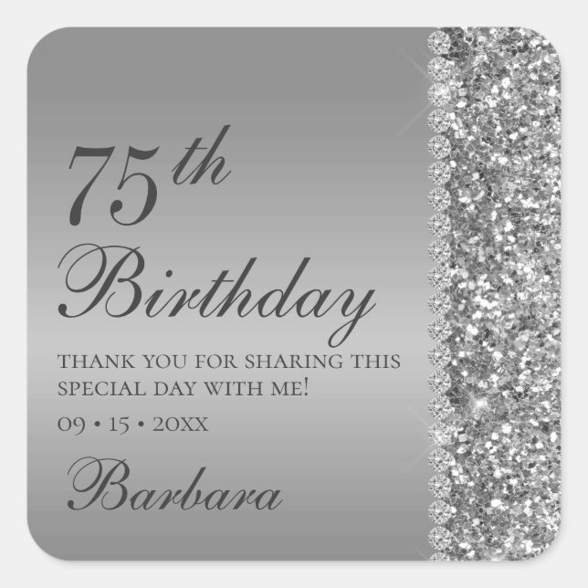 75th Elegant Silver Birthday Square Sticker (Front)