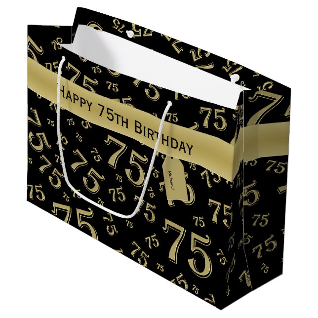 75th Happy Birthday Black/Gold Number Pattern Large Gift Bag (Front Angled)