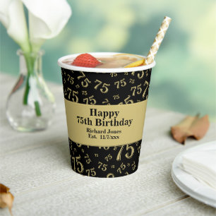75th Happy Birthday Black/Gold Number Pattern Paper Cups