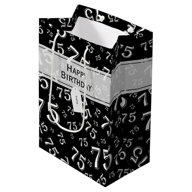 75th Happy Birthday Black/White Number Pattern Medium Gift Bag (Front Angled)