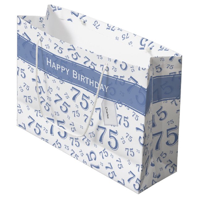 75th Happy Birthday Blue/White Number Pattern Large Gift Bag (Front Angled)