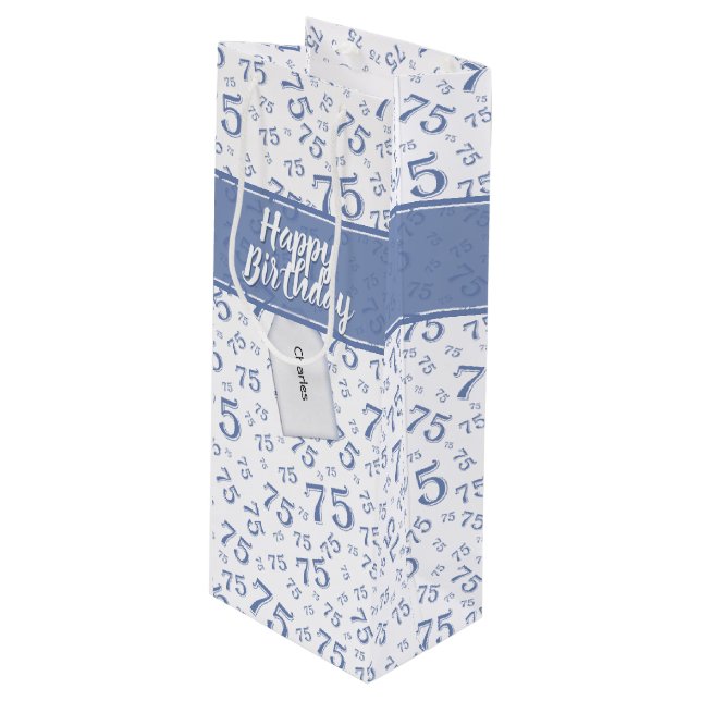 75th Happy Birthday Blue/White Number Pattern Wine Gift Bag (Front Angled)