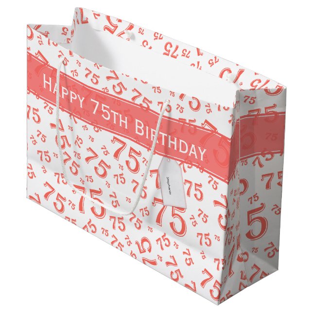 75th Happy Birthday Coral/White Number Pattern Large Gift Bag (Front Angled)