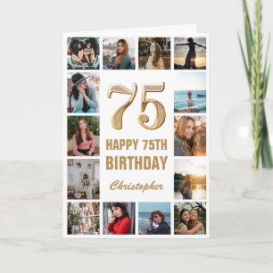 75th Happy Birthday Gold and White Photo Collage Card