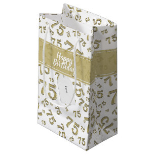 75th Happy Birthday Gold/White Number Pattern Small Gift Bag