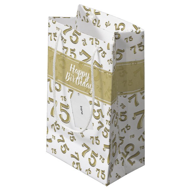 75th Happy Birthday Gold/White Number Pattern Small Gift Bag (Front Angled)