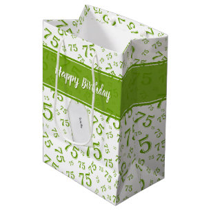 75th Happy Birthday Green/White Number Pattern Medium Gift Bag