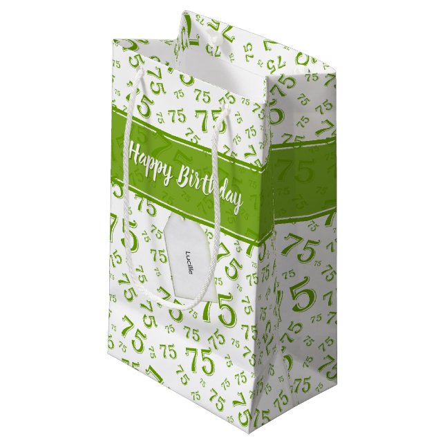 75th Happy Birthday Green/White Number Pattern Small Gift Bag (Front Angled)