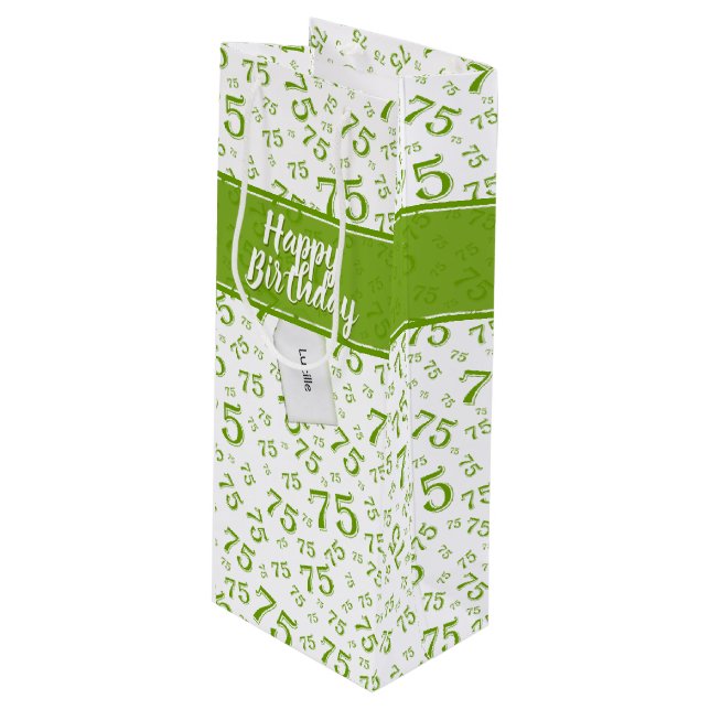 75th Happy Birthday Green/White Number Pattern Wine Gift Bag (Front Angled)