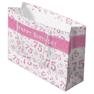 75th Happy Birthday Pink/White Number Pattern Large Gift Bag