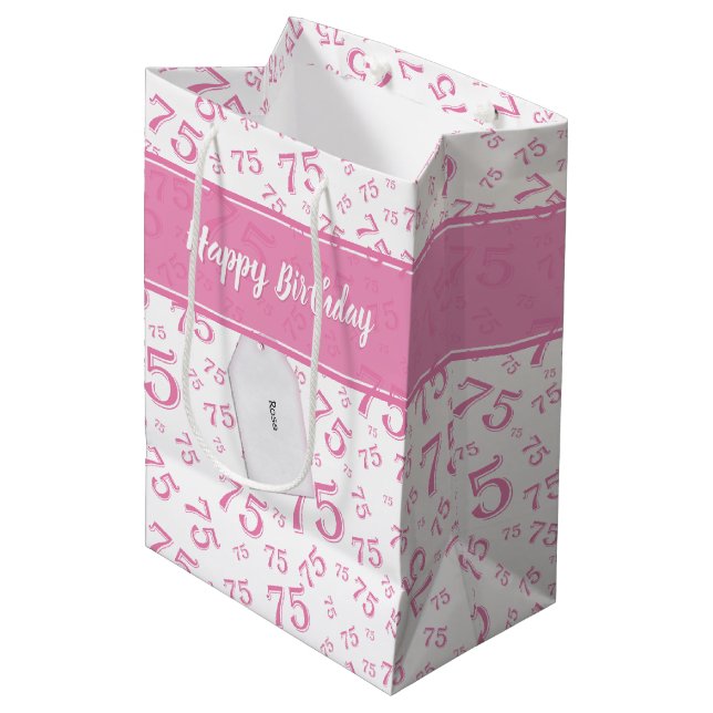 75th Happy Birthday Pink/White Number Pattern Medium Gift Bag (Front Angled)