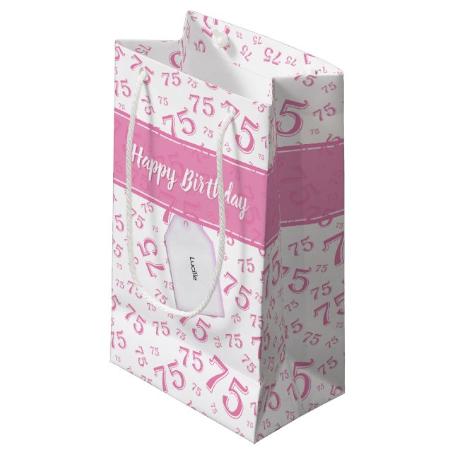 75th Happy Birthday Pink/White Number Pattern Small Gift Bag (Front Angled)