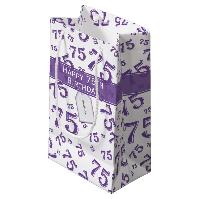 75th Happy Birthday Purple/White Number Pattern Small Gift Bag (Front Angled)