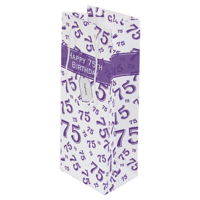 75th Happy Birthday Purple/White Number Pattern Wine Gift Bag (Front Angled)