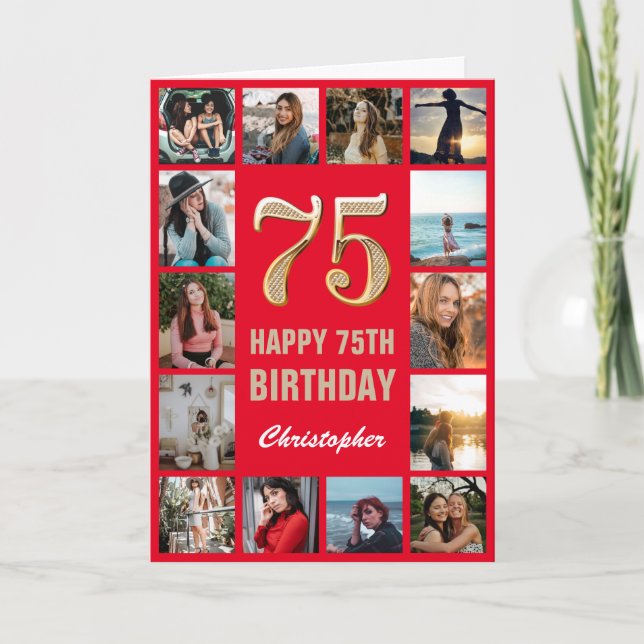 75th Happy Birthday Red and Gold Photo Collage Card (Front)