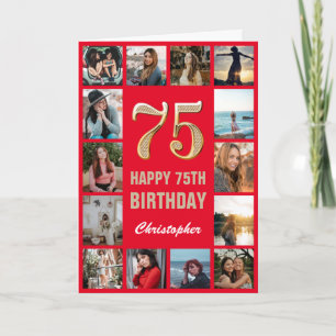 75th Happy Birthday Red and Gold Photo Collage Card