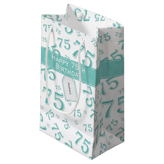 75th Happy Birthday Teal/White Number Pattern Small Gift Bag (Front Angled)