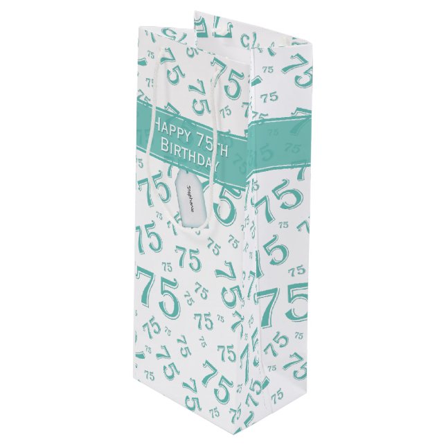 75th Happy Birthday Teal/White Number Pattern Wine Gift Bag (Front Angled)