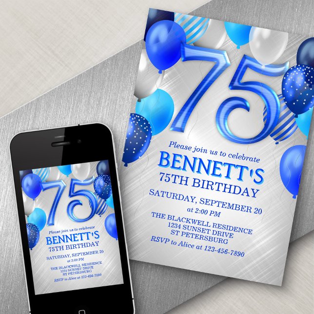 75th Mens Blue Birthday Invitation (Creator Uploaded)