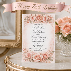 75th Milestone Blush Rose Elegant Birthday Party Invitation