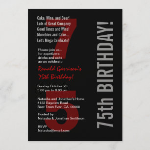 75th Modern Birthday Black White Red Metallic Invitation