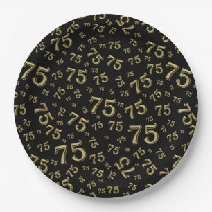 75th Party Random Number Pattern Black/Gold Paper Plate