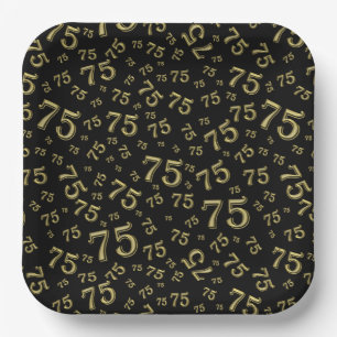 75th Party Random Number Pattern Black/Gold Paper Plate