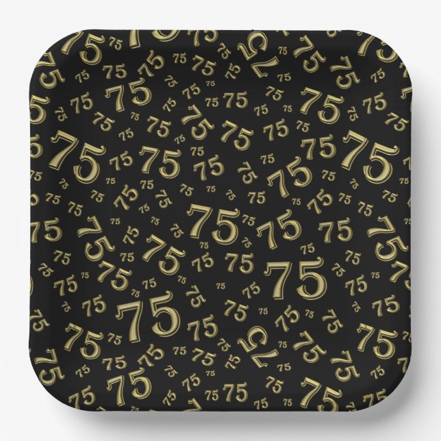 75th Party Random Number Pattern Black/Gold Paper Plate (Front)