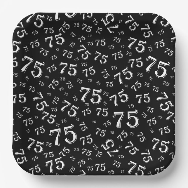 75th Party Random Number Pattern Black/White Paper Plate (Front)
